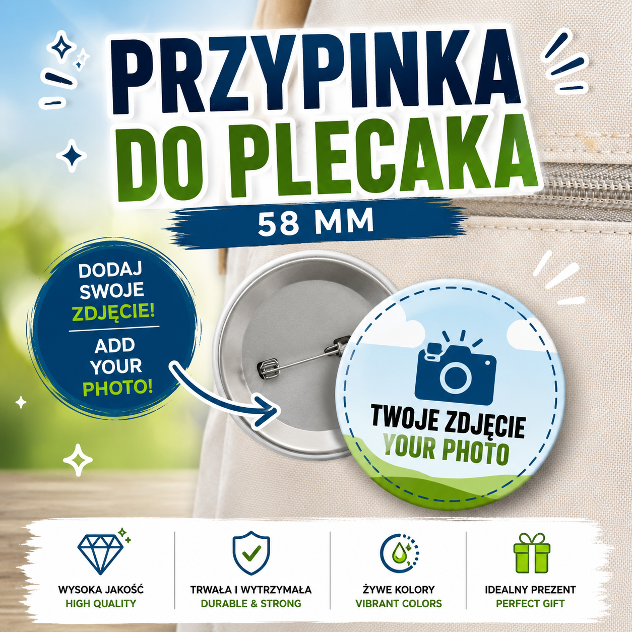 Przypinka 58 mm z własnym zdjęciem / Custom Photo Pin Button 58 mm