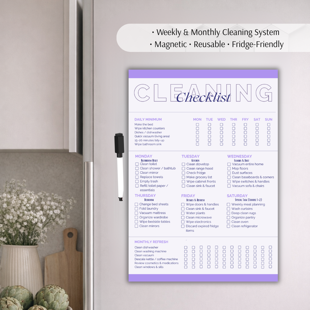 Magnetyczna Tablica Sprzątania A4 – Plan Tygodniowy i Miesięczny + Marker | 5 Kolorów | 3 Języki (PL/ENG/DE) | Organizer na Lodówkę