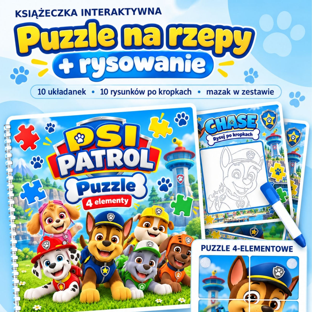 Książeczka interaktywna Psi Patrol – Puzzle na rzepy i rysowanie po kropkach | Mazak w zestawie