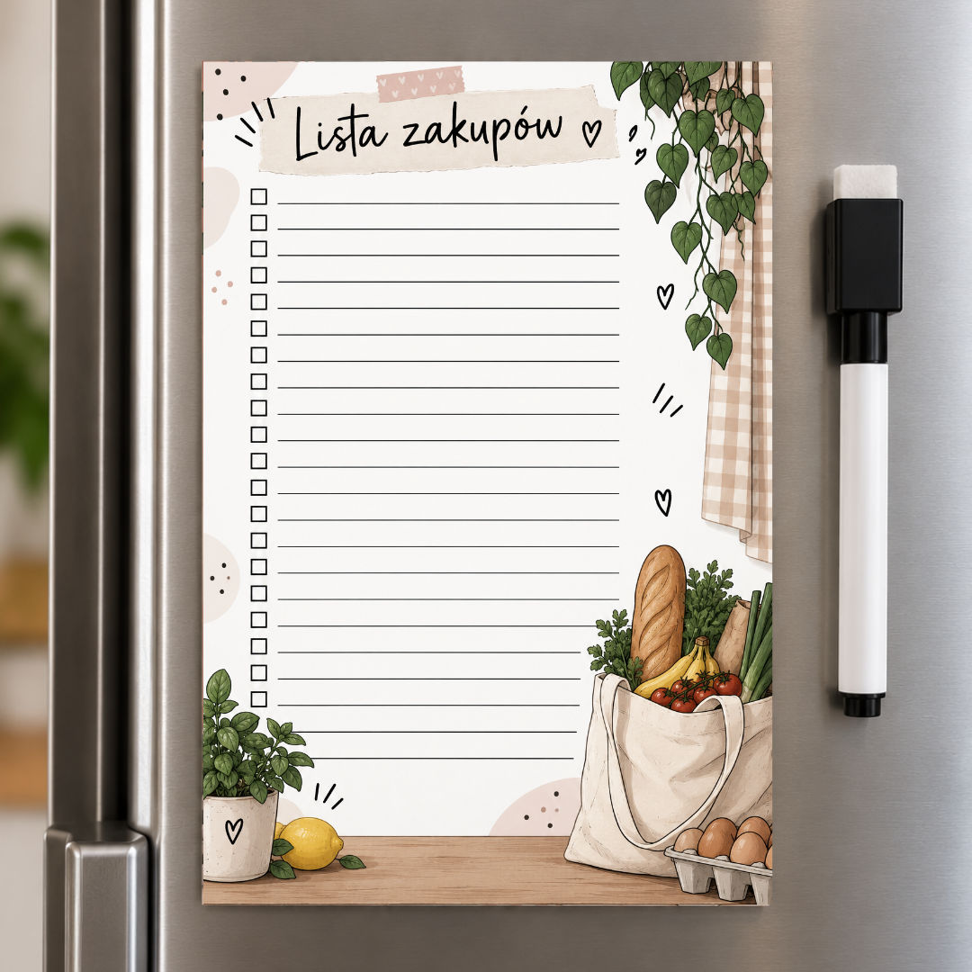 Magnetyczna Lista na Lodówkę 19 × 12,8 cm + Marker | Lista Zakupów / Lista do Zrobienia