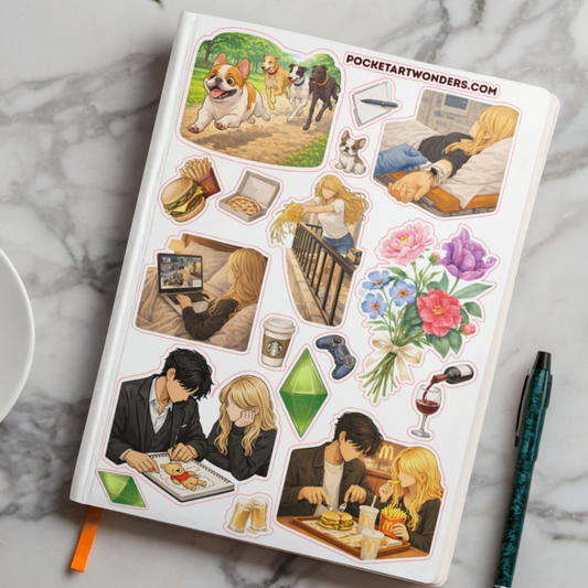 Arkusz naklejek romantycznych – studenckie życie, para, cozy lifestyle aesthetic D8