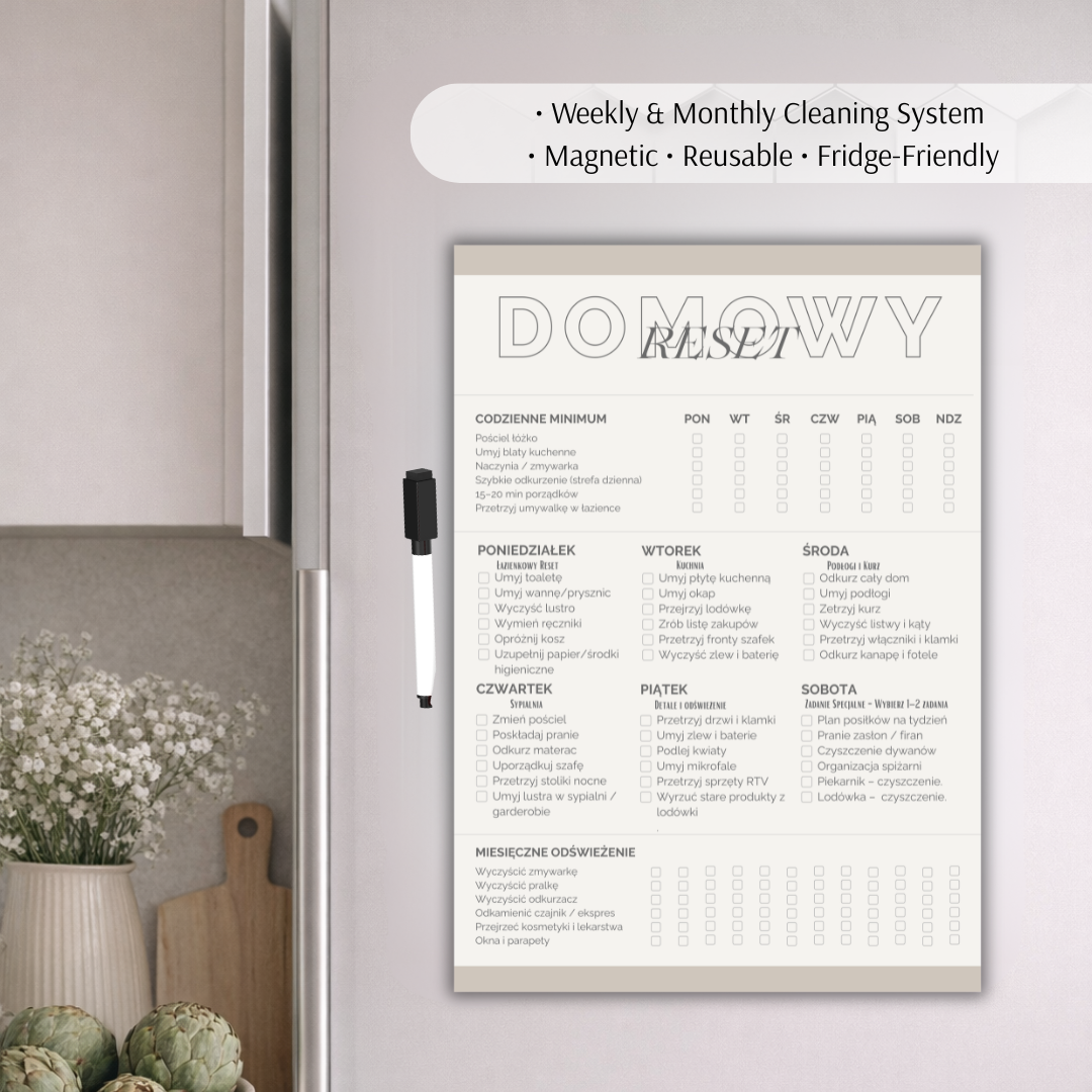 Magnetyczna Tablica Sprzątania A4 – Plan Tygodniowy i Miesięczny + Marker | 5 Kolorów | 3 Języki (PL/ENG/DE) | Organizer na Lodówkę