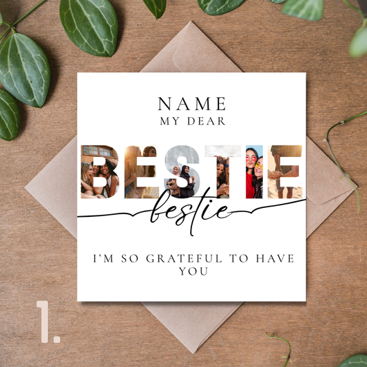 Personalizowana kartka dla przyjaciółki ze zdjęciami – BESTIE – 14,8 × 14,8 cm