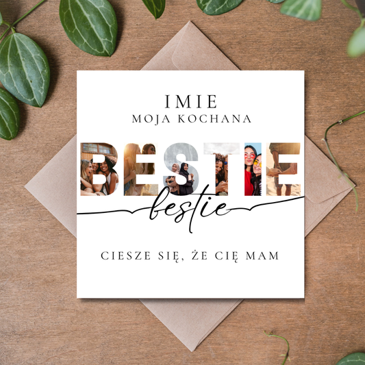 Personalizowana kartka dla przyjaciółki ze zdjęciami – BESTIE – 14,8 × 14,8 cm