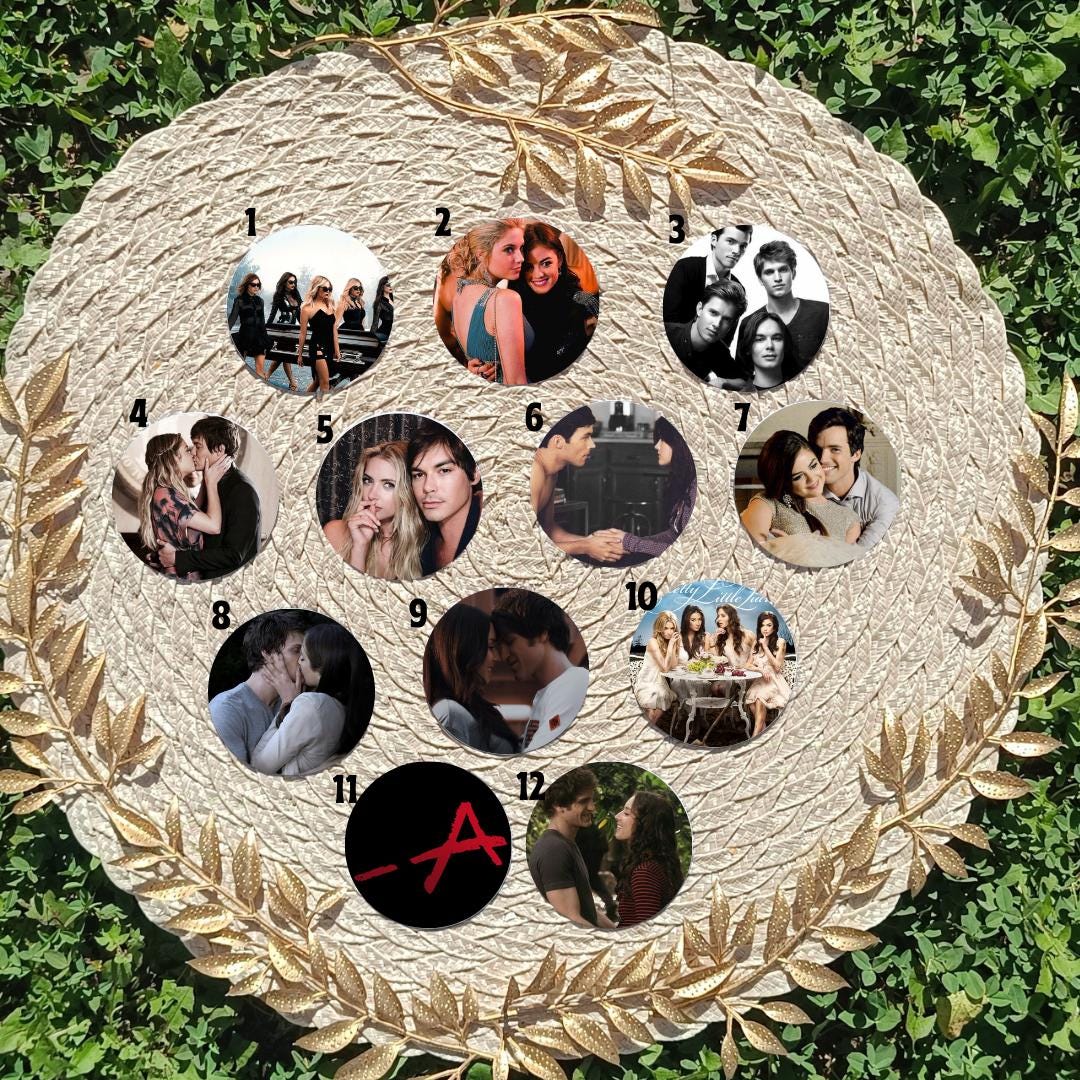 Pretty Little Liars, Aria Montgomer, Hanna Marin, Emily Fields, Spencer Hastings, Caleb Rivers, Alison DiLaurentis | PINS, KEYCHAIN, MAGNET