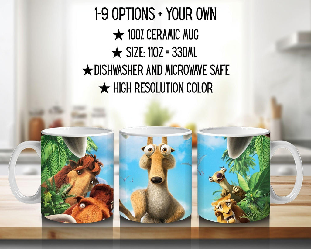 Ice Age, Disney Pack, Manfred "Manny", Sidney "Sid", Diego, Ellie, Crash and Eddie, Peaches | 100% CERAMIC MUG, 11Oz = 330ml
