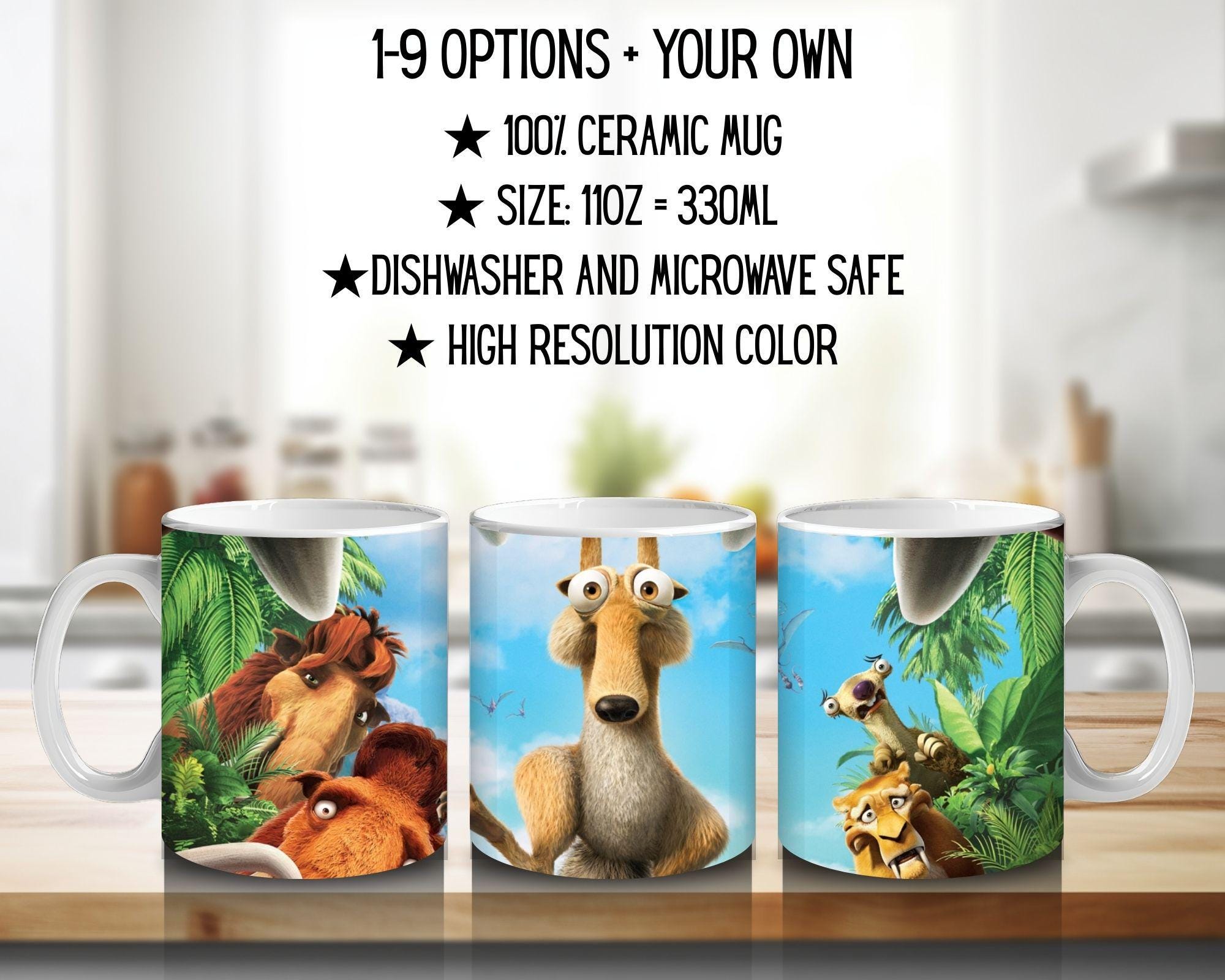 Ice Age, Disney Pack, Manfred "Manny", Sidney "Sid", Diego, Ellie, Crash and Eddie, Peaches | 100% CERAMIC MUG, 11Oz = 330ml