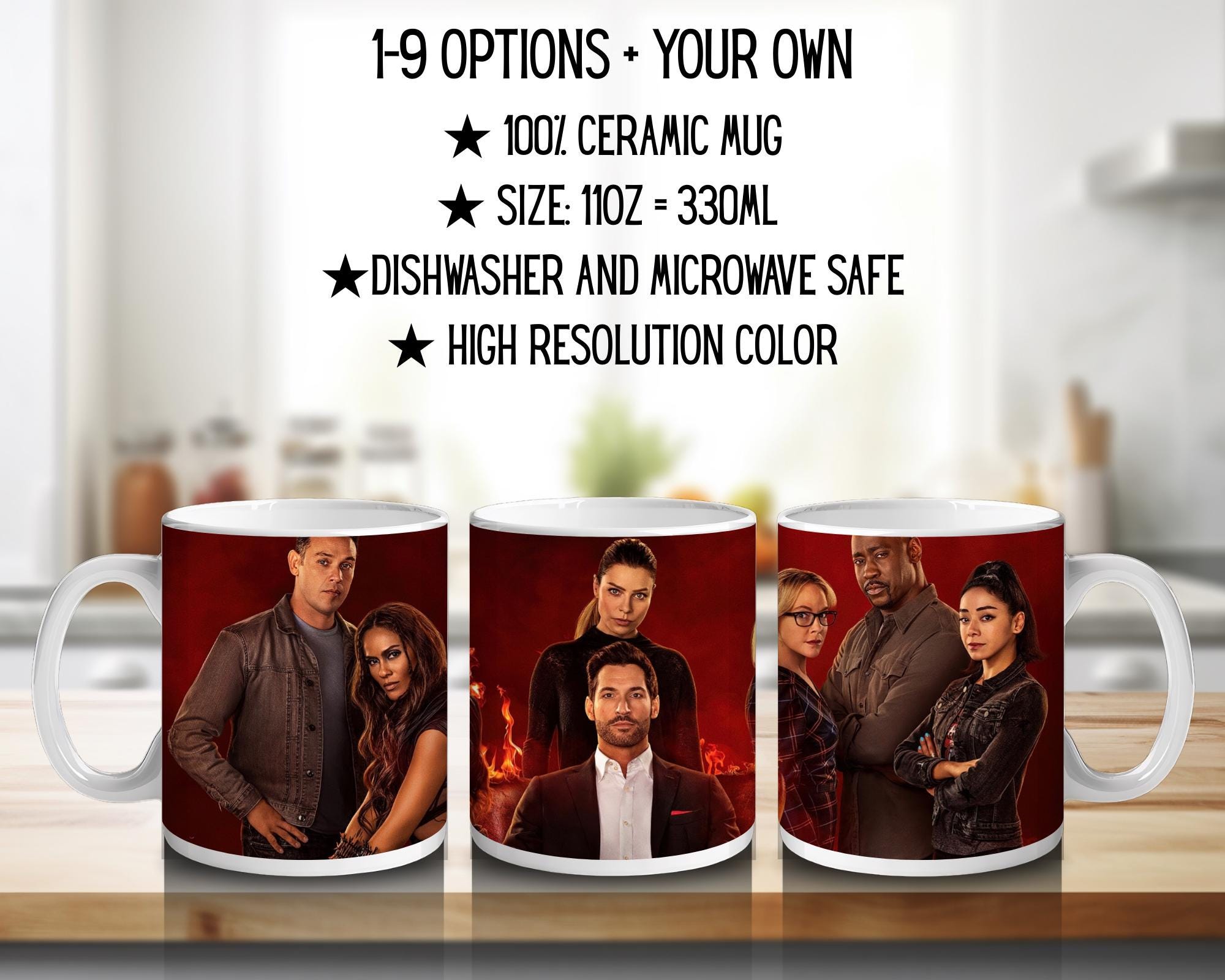 Lucifer, Chloe Decker, Mazikeen, Amenadiel, Dr Linda, Ella Lopez, netflixseries | 100% CERAMIC MUG, 11Oz = 330ml