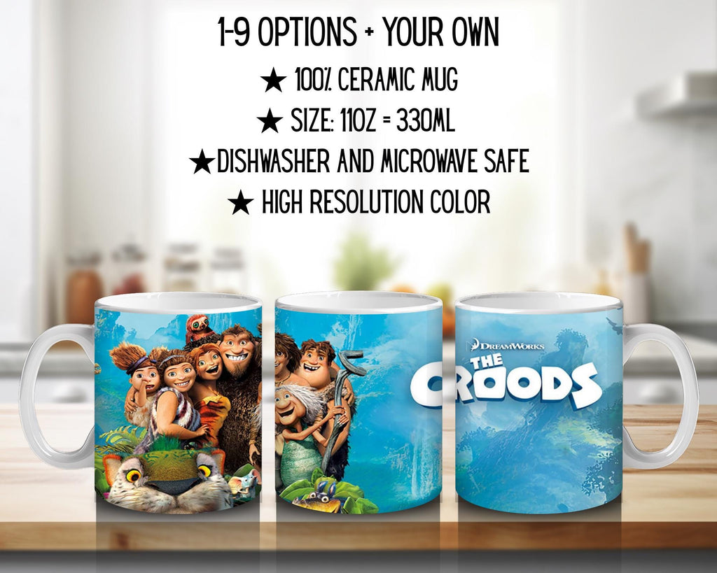 The Croods, Grug, Eep, Guy, Ugga, Thunk, Belt, Sandy, Disney | 100% CERAMIC MUG, 11Oz = 330ml