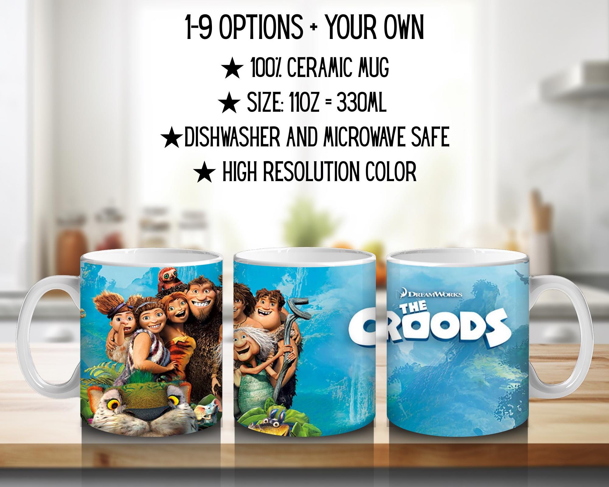The Croods, Grug, Eep, Guy, Ugga, Thunk, Belt, Sandy, Disney | 100% CERAMIC MUG, 11Oz = 330ml