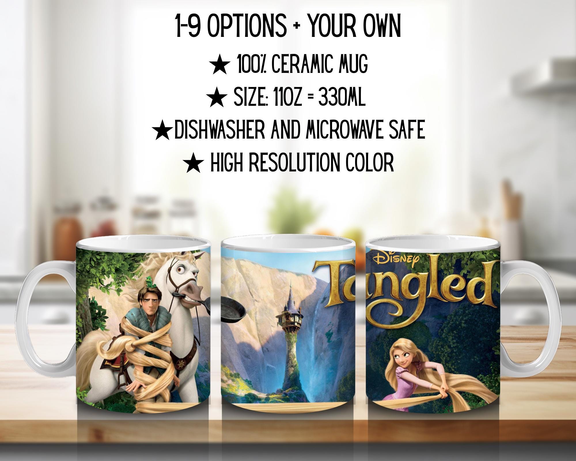 Tangled, Rapunzel, Flynn Rider, Mother Gothel, Pascal, Maximus, Disney | 100% CERAMIC MUG, 11Oz = 330ml