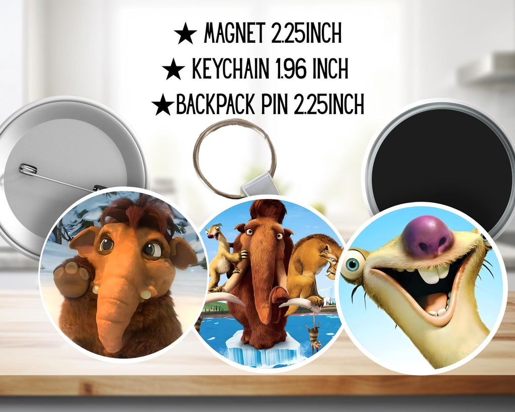 Ice Age, Disney Pack, Manfred "Manny", Sidney "Sid", Diego, Ellie, Crash and Eddie, Peaches | PINS, KEYCHAIN, MAGNET