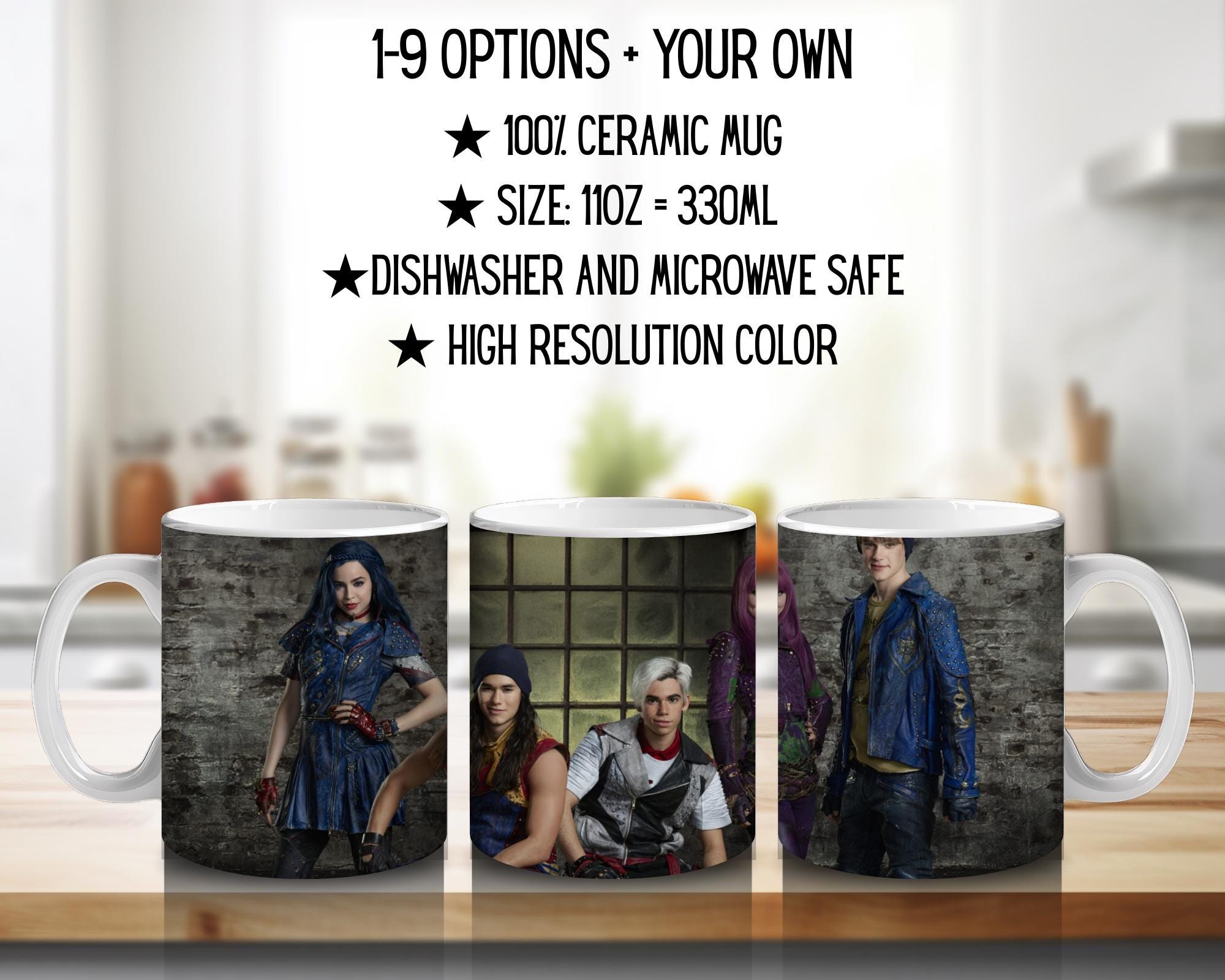 Disney Descendants, Mal and Ben, Evie, Jay, Carlos, Uma, Audrey, Dove Cameron, Sofia Carson, Mitchell Hope | 100% CERAMIC MUG, 11Oz = 330ml