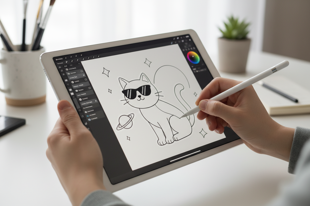 reka z ipadem, w ręce rysik, osoba rysuje naklejke 