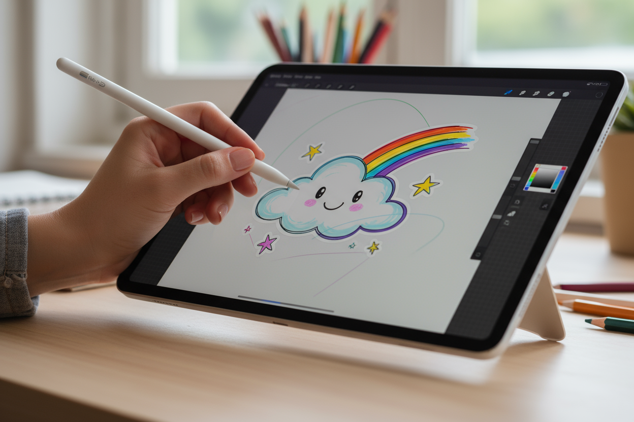 reka z ipadem, w ręce rysik, osoba rysuje naklejke 